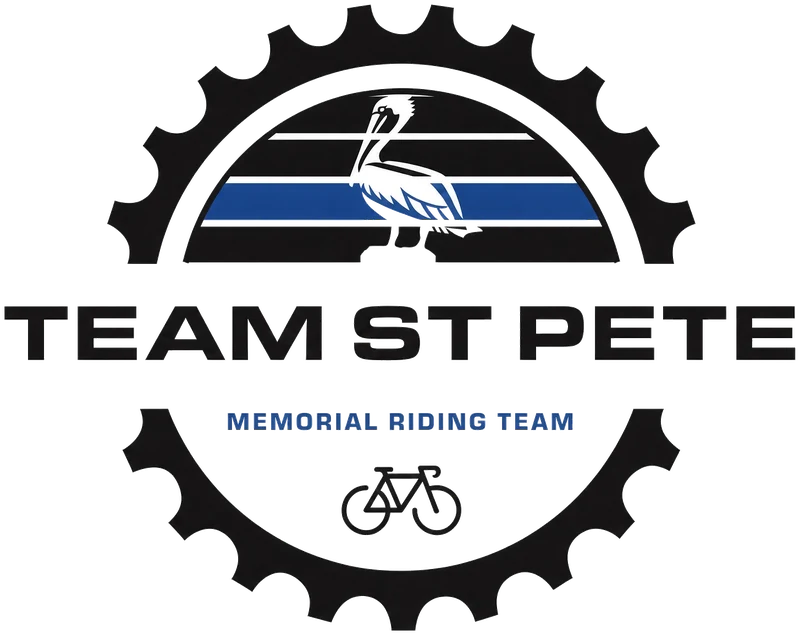 Team St Pete Memorial Riding Team logo: a bicycle gear with a pelican over a thin blue line